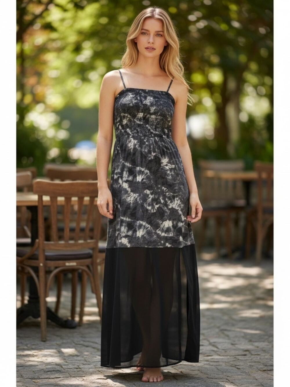 EXPRESS Black Women’s Medium White Marble Tie Dye Strapless Dress Sheer Bottom